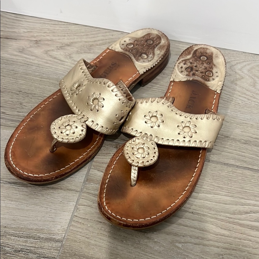 Jack Rogers Brown and Cream Sandals with Whipstitch Medallion